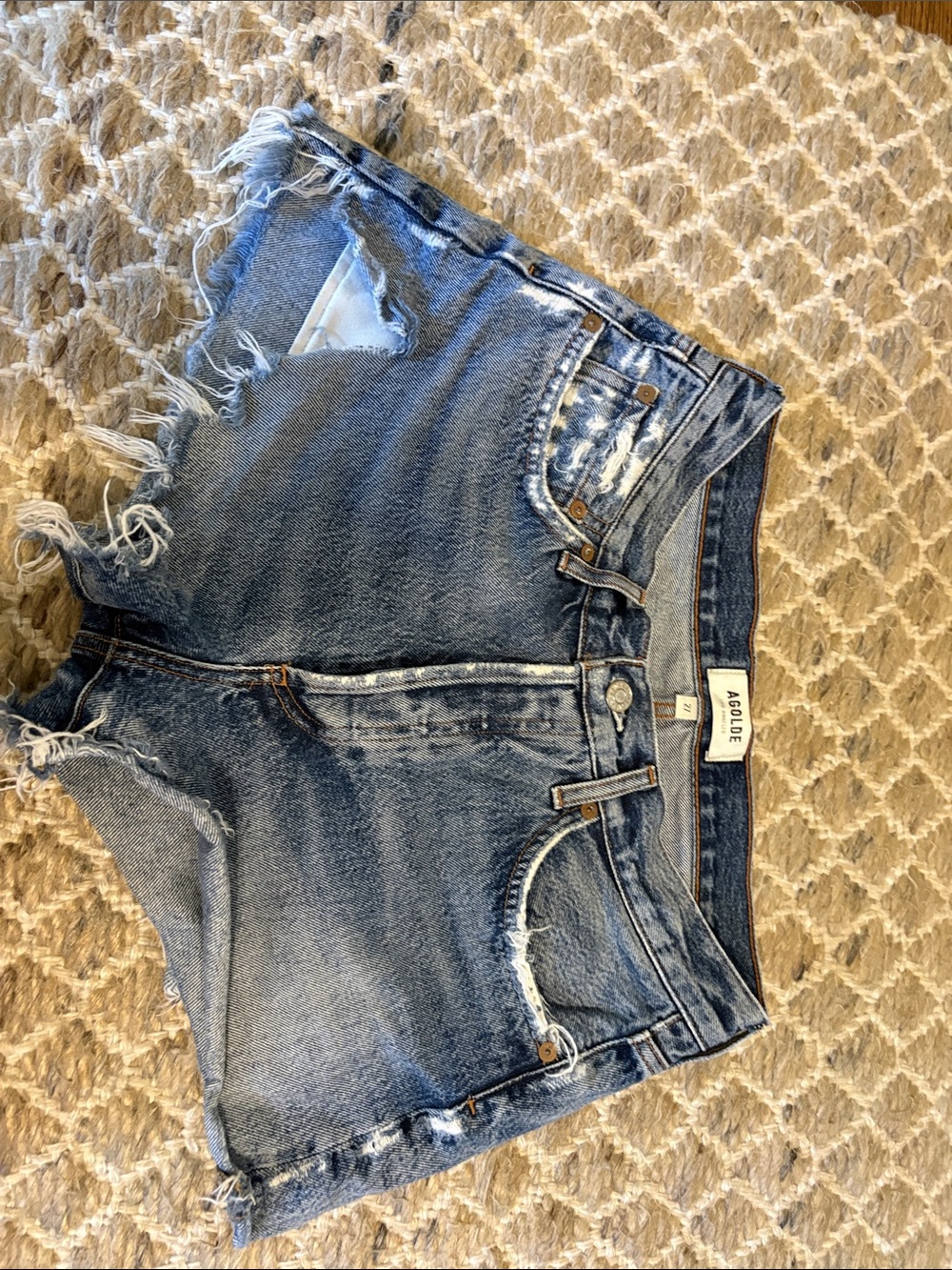 Agolde Washed Blue Distressed High-Rise Denim Shorts